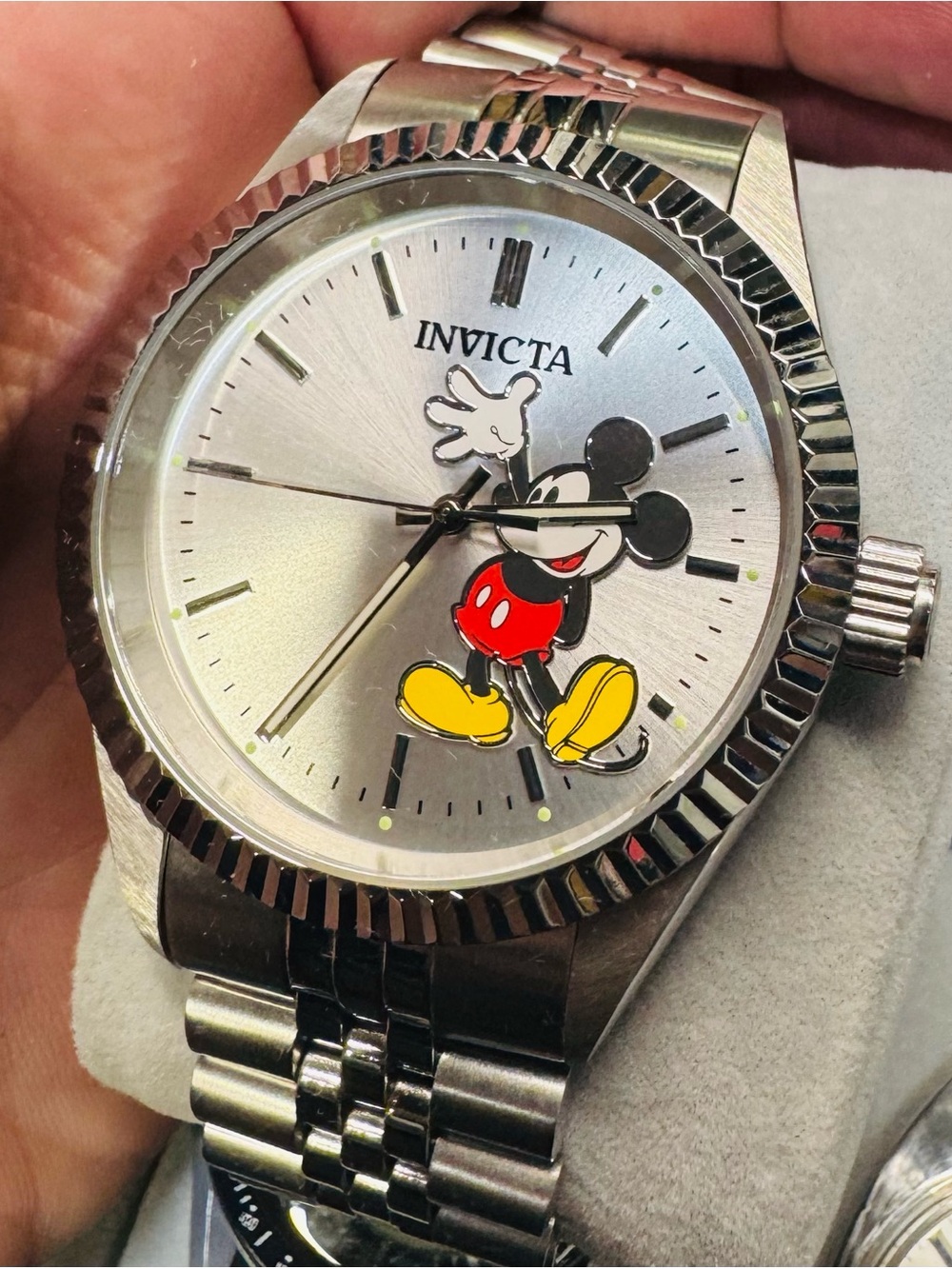 Invicta Silver Dial Mickey Mouse Watch with Red & Yellow Accents